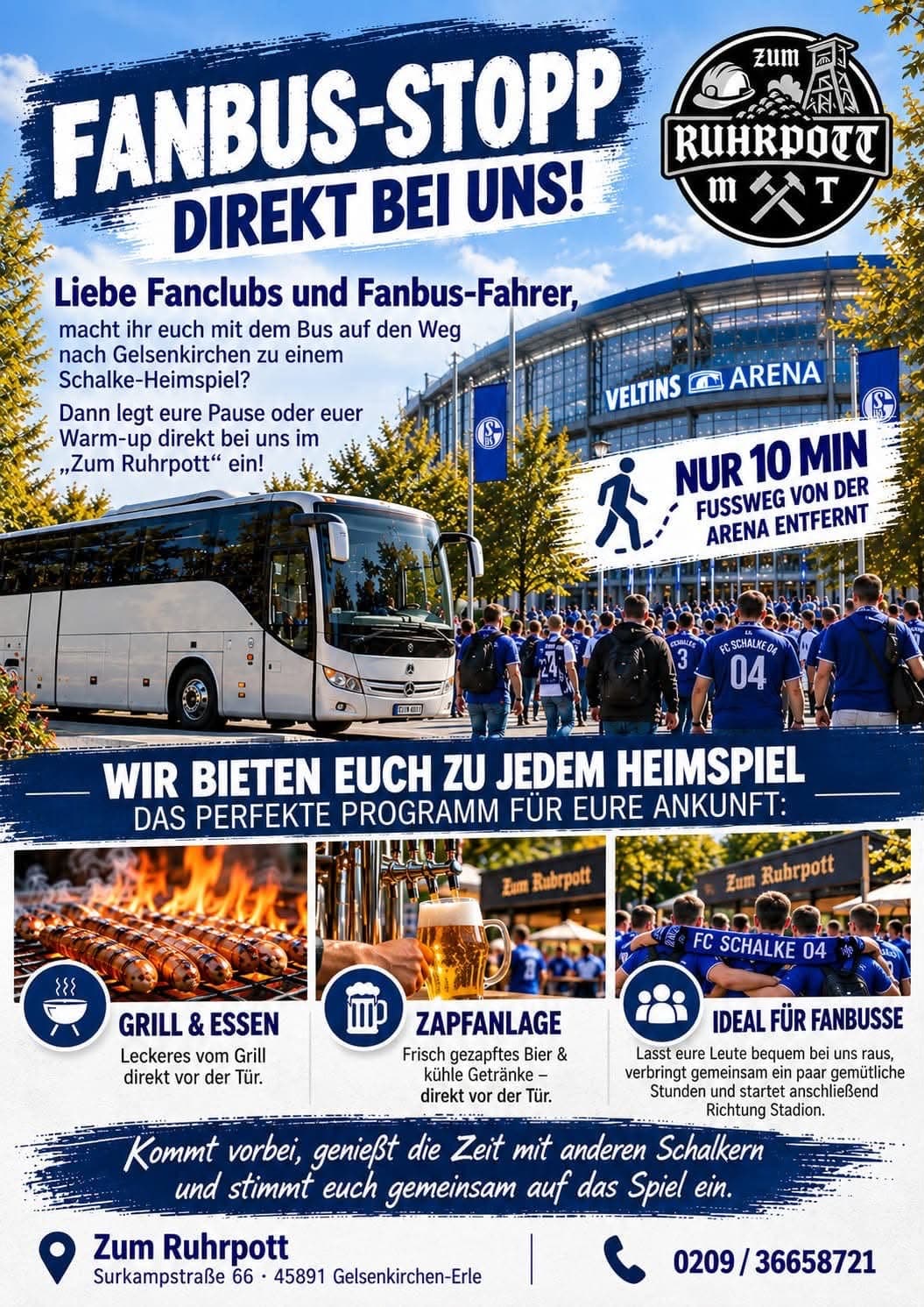Flyer: Fanbus-Stopp — direkt bei uns