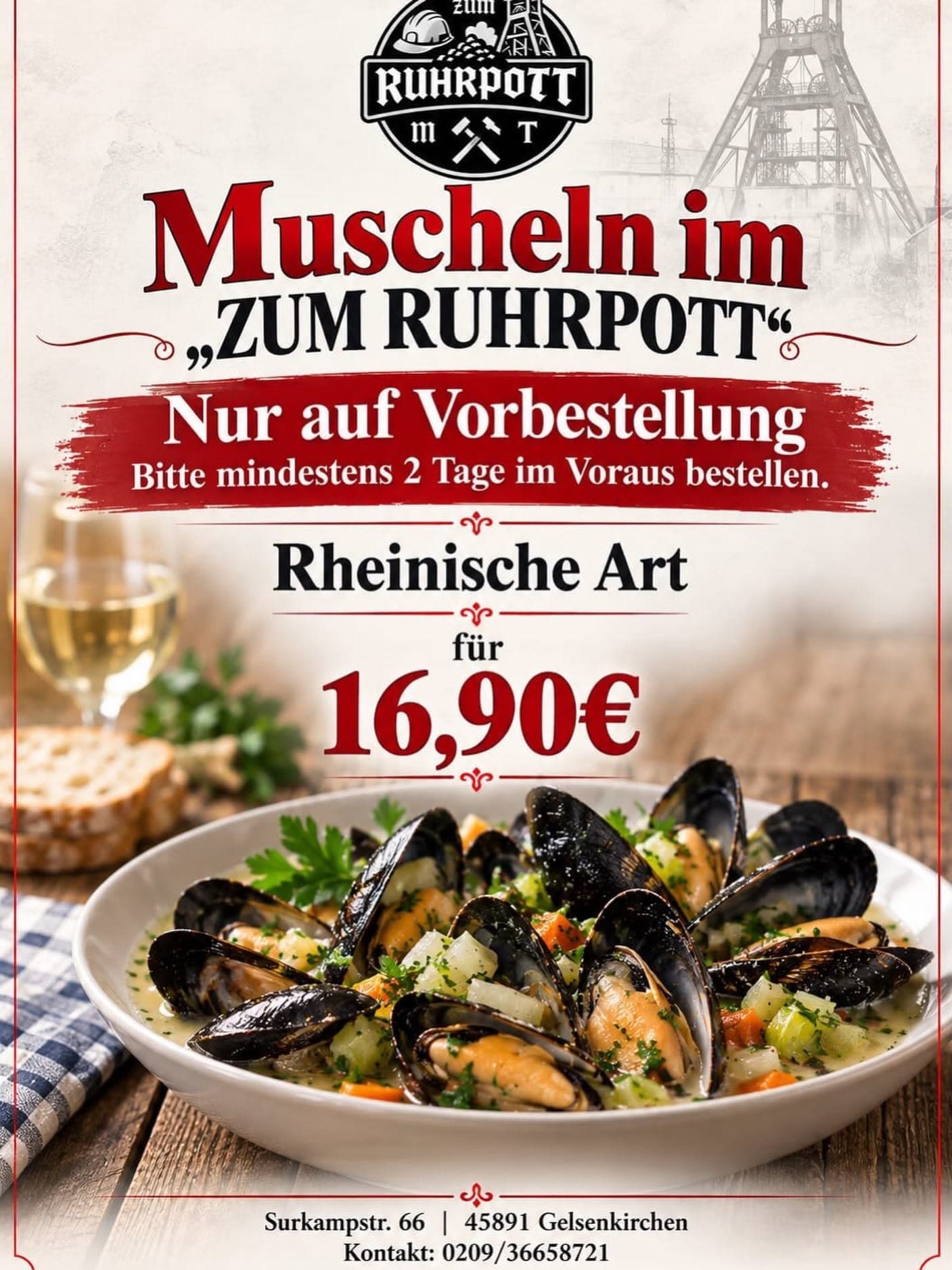 Flyer: Muscheln Rheinische Art — nur auf Vorbestellung