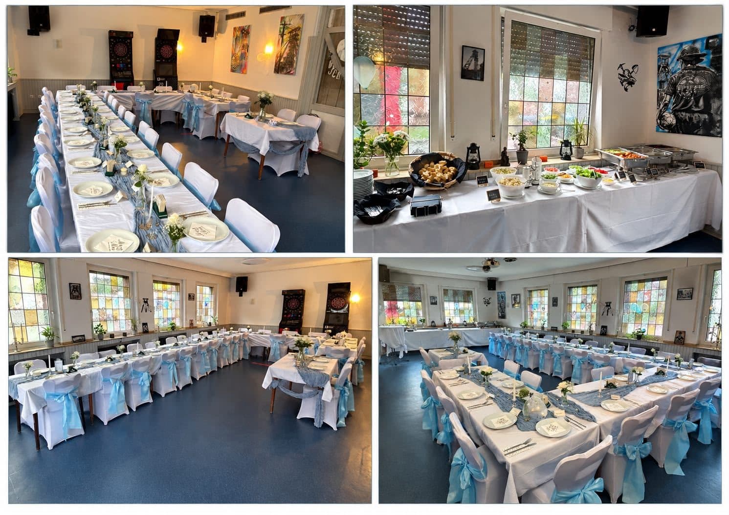 Für eine Hochzeit gedeckter Saal mit hellblauen Schleifen und Buffet